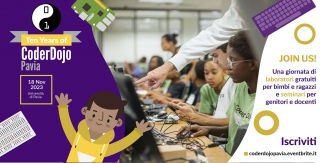 Copertina evento anniversario CoderDojo Pavia con bambini che imparano a usare il computer