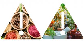 Triangoli contenenti erbe e piante con in sovrimpressione un punto esclamativo