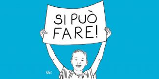 Disegno di un bambino che tiene in mano cartello "Si può fare"