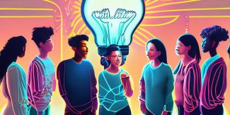 Giovani disegnati di fronte a una lampadina accesa