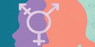 Disegno di sagoma di un volto maschile e un volto femminile che si sovrappongono e in sovrimpressione simbolo di genere transgender