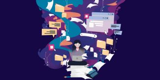 Disegno raffigurante ragazza al computer seduta su pila di fogli e circondata da file, cartelle e schermate telematiche