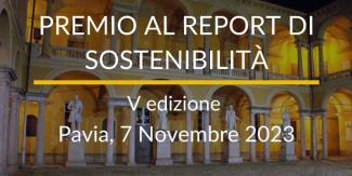 Copertina "Premio Report Sostenibilità" 2023. Sullo sfondo Cortile delle Statue UniPv