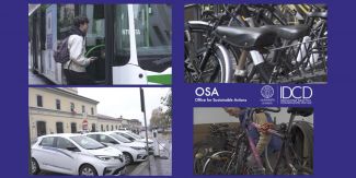 Collage composto da foto di autobus, auto elettriche, bicicletta e ciclo-officina