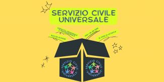 Disegno di scatola sui cui lati è stampato il logo del Servizio Civile e da cui emergono scritte relative alle caratteristiche del Servizio Civile