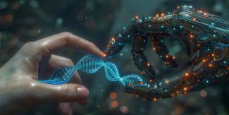 Mano umana e mano robotica si toccano, al centro elica di DNA