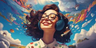 Disegno di ragazza che indossa cuffie per ascoltare musica. Sullo sfondo paesaggio di fantasia molto colorato