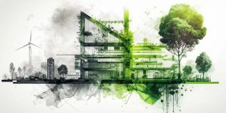 Sagoma di una città con passaggio di colore da da grigio a verde, simbolo di progettazione sostenibile