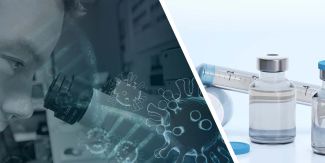 Collage ricercatore al microscopio, elica DNA e fiale di vaccino 