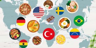 Tondi contenenti bandiere e piatti tipici, sovrapposti a carta geografica del mondo