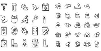 Disegni di simboli inerenti il mondo della farmacia (pastiglie, ricette, ecc.)