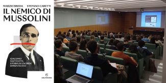 Collage con copertina libro "Il nemico di Mussolini" e aula conferenza del Collegio Nuovo