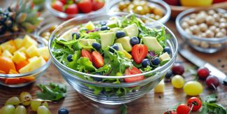 Tavolo con ciotole di verdura, frutta, insalata