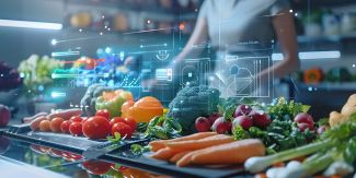 Verdure su tavolo e grafici e schemi informatici in sovrimpressione 