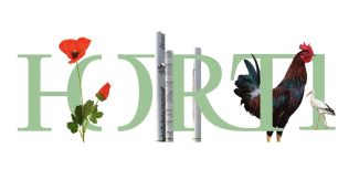 Banner con la scritta "Horti" e disegno di tulipani, gallina, Colonne di Gio Pomodoro e airone cinerino