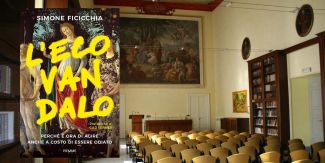 Copertina del libro "L'Ecovandalo" sullo sfondo l'Aula Magna del Collegio F.lli Cairoli