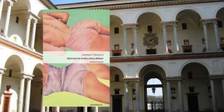 Copertina del libro "Liminal Fiorucci", sullo sfondo porticato del Collegio Borromeo