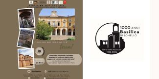 Copertine "Ereditare il patrimonio culturale e religioso" con collage foto della Basilica di Lomello e del Municipio di Mortara. Sulla destra logo per i 1000 anni della Basilica di Lomello