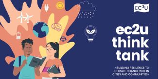 Copertina Think Tanck EC2U con titolo e disegno di due studenti con simboli legati alla sostenibilità (mappamondo, batterie, sole, pale eoliche, ecc.)