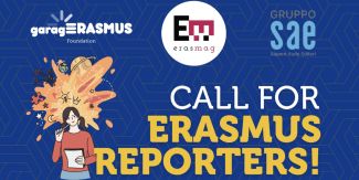 Copertina con la scritta "Call for Erasmus Reporters!" e il disegno di una studentessa con carta e penna