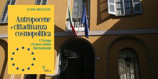 Copertina del libro "Antropocene e cittadinanza cosmopolitica", sullo sfondo facciata del Collegio Fraccaro