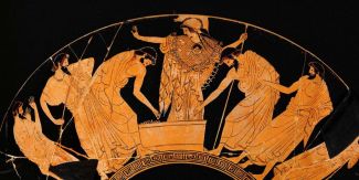 Pittura vascolare da una kylix attica a figure rosse "L’assegnazione delle armi di Achille presieduta da Atena"