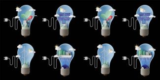 Disegno di lampadine con al loro interno diverse fonti di energia (eolica, solare, carburante, batterie)