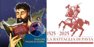Copertina Tour con "Pillole di Storia". A destra logo dell'anniversario della Battaglia di Pavia