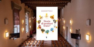 Copertina del libro "Storie di genitori trans*", sullo sfondo l'Aula del '400