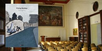 Copertina libro "Fixing Banksy". Sullo sfondo l'Aula Magna del Collegio F.lli Cairoli