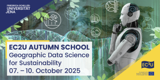 Copertina EC2U Autumn School “Geographic Data Science for Sustainability” con titolo data, logo EC2U e immagine di robot con icone riconducibili alla sostenibilità