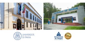 Facciata del Palazzo Centrale dell'Università di Pavia e facciata dell'ingresso all’Università di Ibagué in Colombia. Sotto i loghi dei due atenei