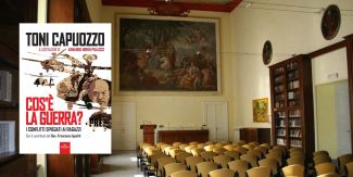 Copertina "Cos'è la guerra? I conflitti spiegati ai ragazzi". Sullo sfondo l'Aula Magna del Collegio F.lli Cairoli