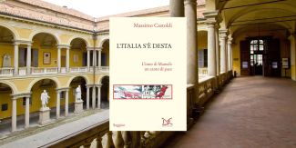 Copertina "L’Italia s’è desta. L’inno di Mameli un canto di pace". Sullo sfondo l'ingresso della Biblioteca Universitaria di Pavia