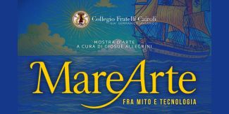 Copertina con nome dell'esposizione, logo del Collegio Cairoli e sullo sfondo disegno di un veliero sul mare