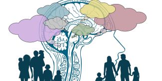 Disegno di un cervello con nuvolette colorate sovrapposte. In basso sagome di persone (adulti e bambini)