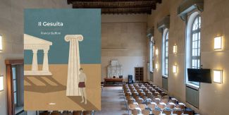 Copertina "Il Gesuita", sullo sfondo l'Aula Disegno dell'Università di Pavia
