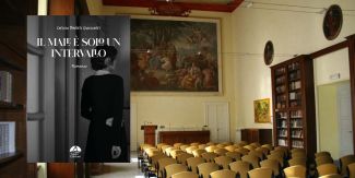 Copertina del libro "Il male è solo un intervallo". Sullo sfondo l'Aula Magna del Collegio F.lli Cairoli