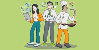 Disegno di due ragazzi e una ragazza rappresentanti diverse professioni (cuoco, imprenditore, comunicatrice)