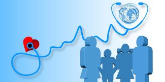 Globo terrestre circondato da stetoscopio che ausculta un cuore. Sulla destra sagome di persone