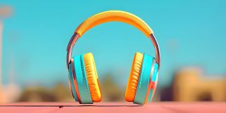 Cuffie per ascoltare musica gialle e azzurre, illuminate dal sole. Sullo sfondo il cielo