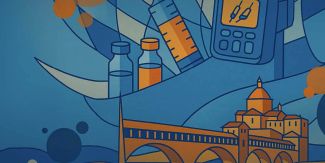 Disegno stilizzato del Ponte Coperto di Pavia, sullo sfondo provette mediche