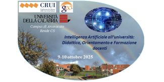 Copertina "Intelligenza Artificiale all’università" con dati principali evento. Sullo sfondo Università della Calabria