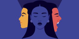 3 volti femminili di colori diversi, quello centrale rappresentato frontale, mentre i due laterali di profilo