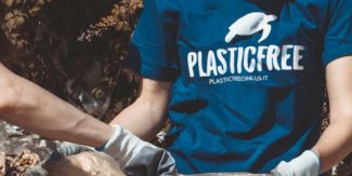 Dettaglio su busto di persona che indossa maglietta Plasticfree, mentre raccoglie rifiuti su spiaggia