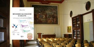 Copertina del libro "Bevande alcoliche e salute", sullo sfondo Aula Magna del Collegio F.lli Cairoli