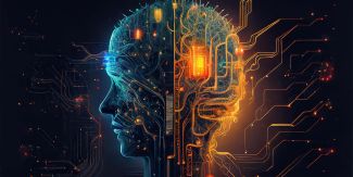 Testa umana, metà della quale composta da circuiti informatici