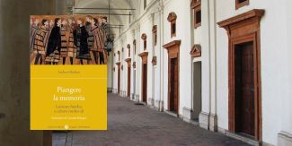 Copertina libro "Piangere la memoria", sullo sfondo portico del chiostro interno del Collegio Borromeo