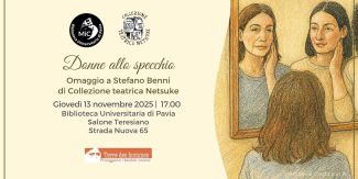 Copertina "Donne allo specchio" con info evento e disegno di donna allo specchio