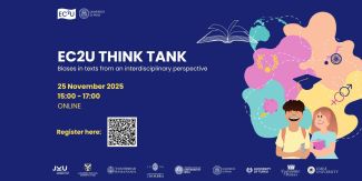 Cover EC2U Think tank con principali informazioni evento e disegno di studente e studentessa